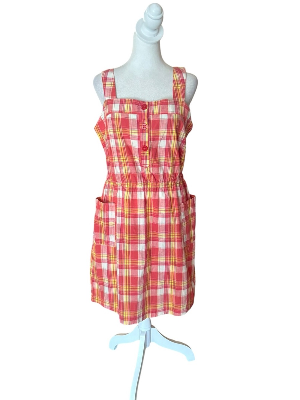 Merrell Cotton Linen Pinafore Sundress Red Yellow Plaid Womens Size Medium